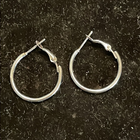 1 1/8” silver tone hoop earrings with Omega back closures - Picture 8 of 10